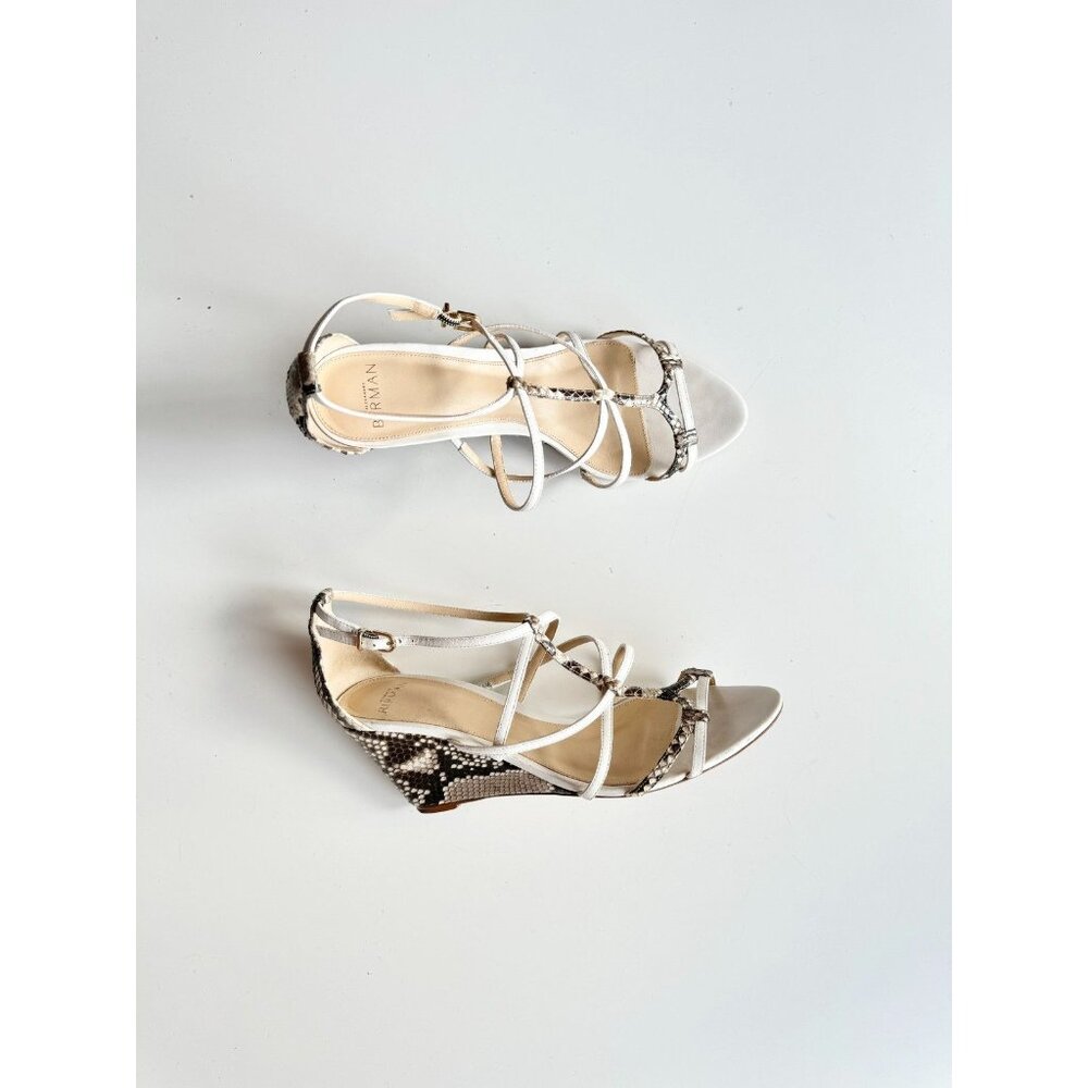 ALEXANDRE BIRMAN Mallica White Snake Leather Strappy Cage Wedge Sandals, Size 40